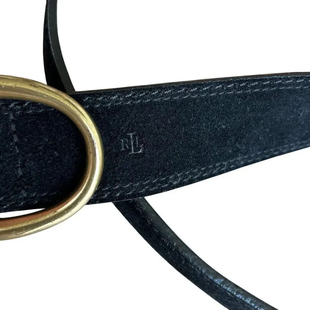 Lauren Ralph Lauren Black Suede Leather Belt Solid Brass Oval Buckle Size Medium